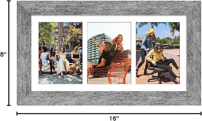8x16 Picture Frame Display 3 opening Picture Frame 5x7 Collage,Multi Photo Frame with Mat,Plexiglass,Horizontal and Vertical Formats for Wall Decor,Grey Wood Grain