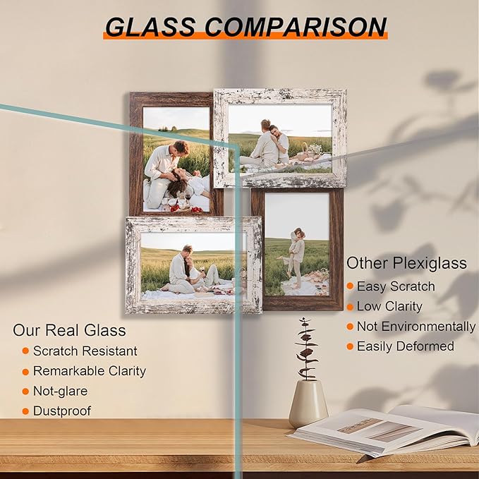 4x6 Collage Picture Frames, Multi Family Photo Frame with Real Glass, Displays Four 4x6 Photo, Wall Decor Wall Hanging or Tabletop, Distressed White+Rustic Brown