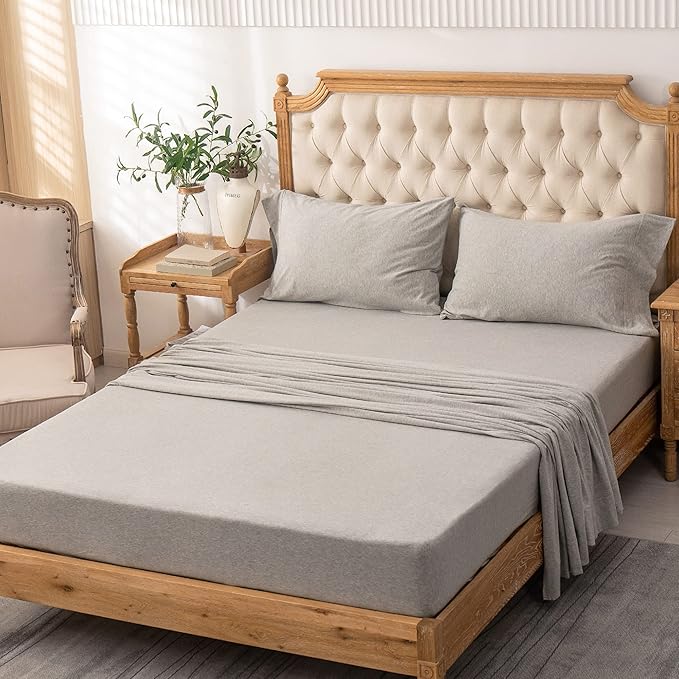 PURE ERA Jersey Knit 4pc Bed Sheet Set 100% T-Shirt Heather Cotton Super Soft Comfy Breathable Fits Mattress Up to 20" Extra Deep Pocket (Heather Light Grey, Queen)