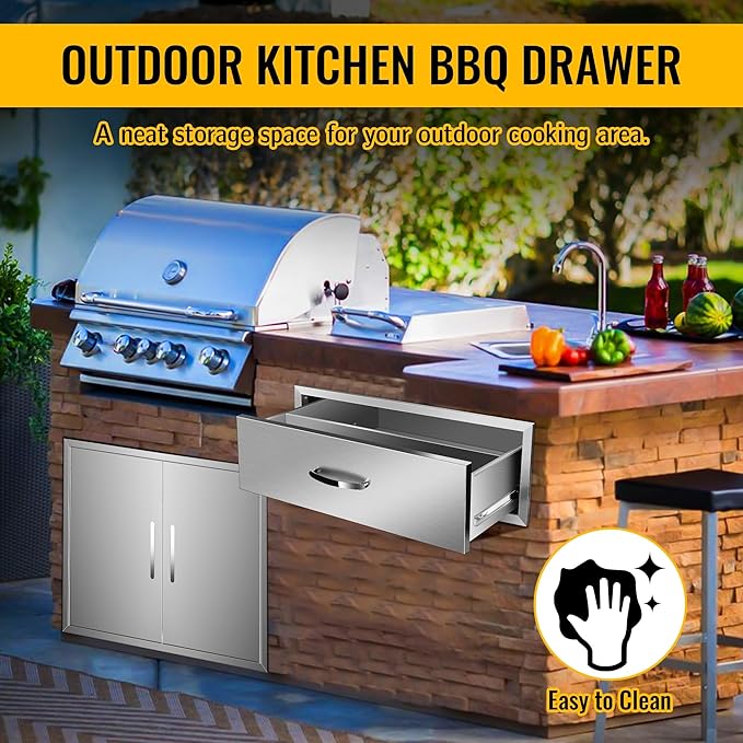 Outdoor Kitchen Drawers Stainless Steel 30W X 10H X 23D Inch, Flush Mount Single BBQ Island Drawers with Handle for Outdoor Kitchens, Patio or Grill Station