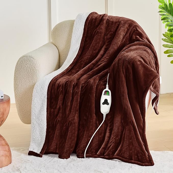 greenoak Heated Blanket Electric Twin 62"X84", Heating Blankets with 10 Levels 8 Hours Auto-Off, Soft Flannel Sherpa Fluffy House Warming Gifts for Grandma Seniors Mom,Mocha