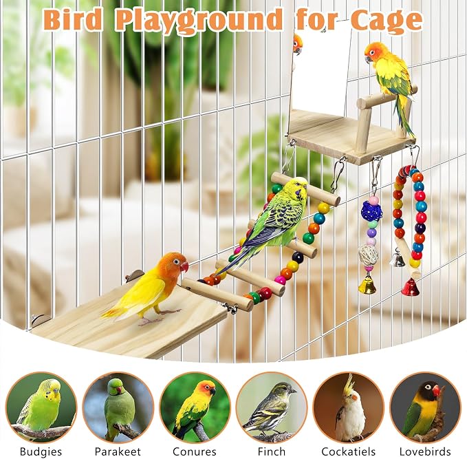 BNOSDM Bird Perch Platform with Mirror, Wooden Climbing Ladder for Parakeet, Small Bird Swing Toys with Hanging Chewing Balls Parrot Cage Accessories Budgie Playground for Cockatiel, Lovebird, Conure