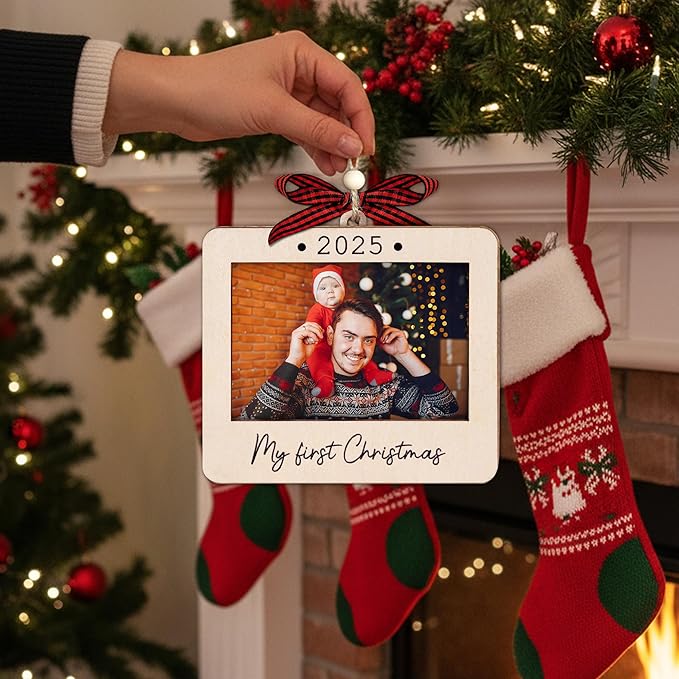Babys First Christmas Ornament 2025 Girl And Boy - Wooden Landscape Picture Frame Ornaments For Tree - My First Christmas Ornament - New Dad Gift - Baby's First Christmas Gifts 2025