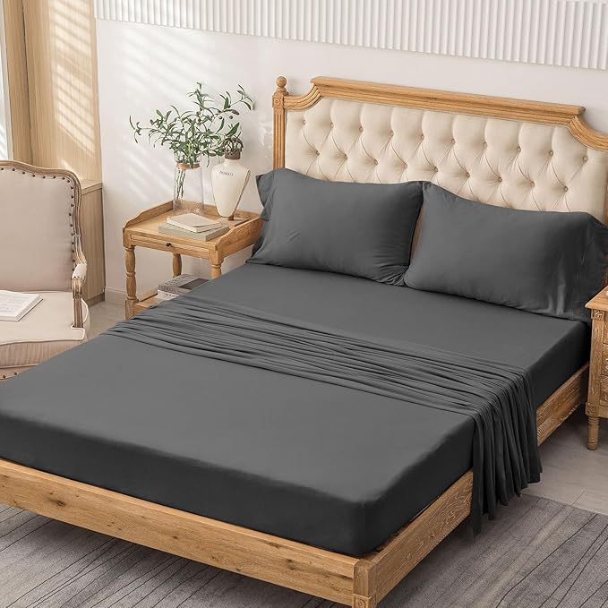 PURE ERA Jersey Knit 4pc Bed Sheet Set 100% T-Shirt Cotton Super Soft Comfy Breathable Fits Mattress Up to 20" Extra Deep Pocket (Solid Deep Grey, King)
