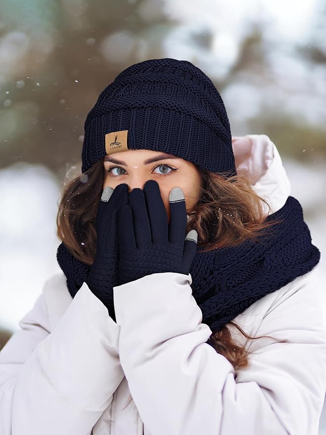 Winter Beanie Hat Scarf Gloves, Warm Fleece Knit Hats Touch Screen Gloves Neck Scarf Set Winter Gifts for Unisex Adult