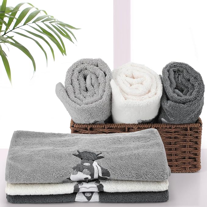 3 Pcs Highland Cow Hand Towels Bathroom Decor Highland Cow | White and Gray Decorative Embroidered 100% Cotton Farmhouse Towels for Bathroom Kitchen Decor, 13. 3 x 29. 5''