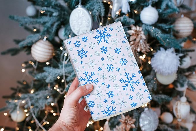 PlandRichW Christmas Wrapping Paper Folded 12 Sheets for Kids Boys Girls Man Women,Blue and White Snowmen Snowflakes Merry Christmas Deer,Image Arts Blue Holiday Wrapping Paper Each 20" X 29"