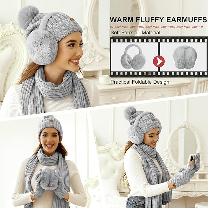 HEEKPEK Winter Beanie Hats Scarf Gloves Ear Muffs Fuzzy Socks 5pcs Set for Women Cold Weather Beanies Touch Screen Gloves