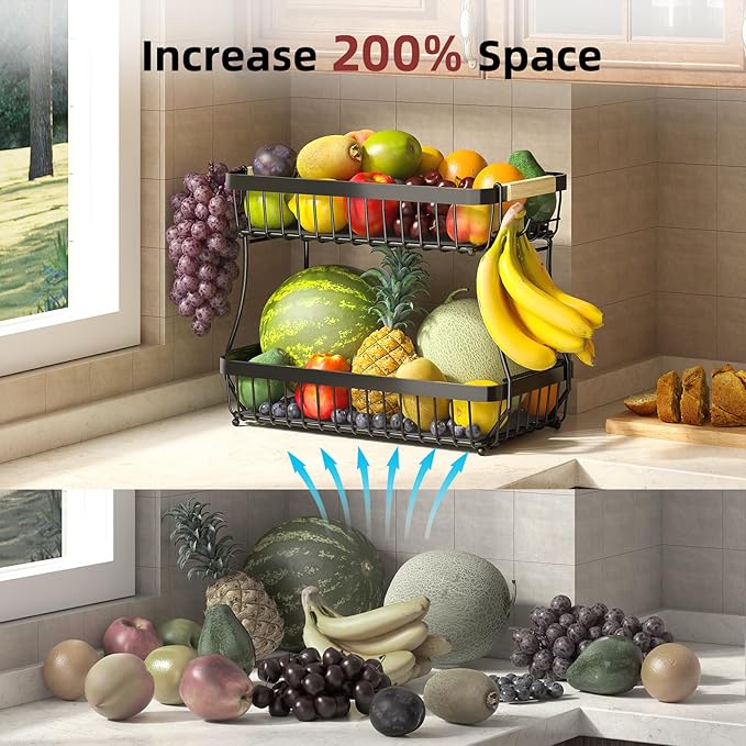 3 Tier Fruit Basket for Kitchen Counter with 2 Mobile Banana Hangers, 2026 Pro Detachable Metal Fruit Bowl with Wooden Handle, Fruit Holder for Bread Snack Veggies with Protective Mats