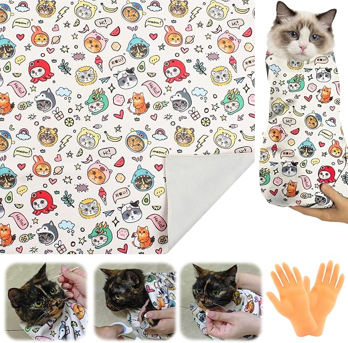 27.55" Cat Grooming Wrap for Cutting Nails Self Adhesive Cat Wrap for Nail Clipping Cat Restraint Blanket for Pet Cleaning and Beauty