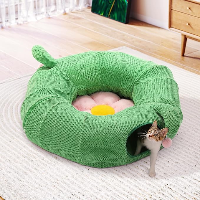 PEQULTI Flower Donut Cat Tunnel Bed Washable Plush Mat Multi for Small Pets | Round play tube with soft detachable plush mat, multi-pet toy fit indoor cats, kittens, puppies, rabbits and ferrets