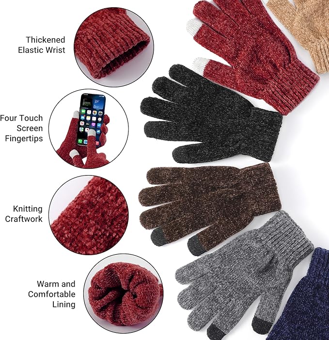 Winter Beanie Hat Circle Scarf Gloves Set for Men Women, Thick Warm Chenille Skull Cap Touchscreen Gloves Neck Warmer