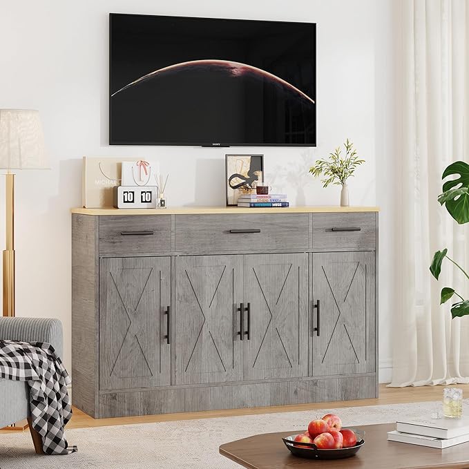 Shintenchi Buffet Cabinet with Storage,53.4" Large Kitchen Storage Cabinet with 3 Drawers and 4 Doors,Wood Farmhouse Buffet Sideboard with Adjustable Shelf for Kitchen Living Room, Gray