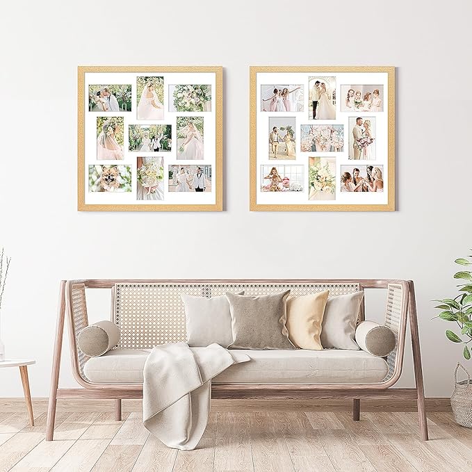 17x17 Collage frame with 9 Openings 4X6 Pictures, Multiple Picture Frame with Mat, Wall or Tabletop Decor, Natural Wood Grain,2 Pack