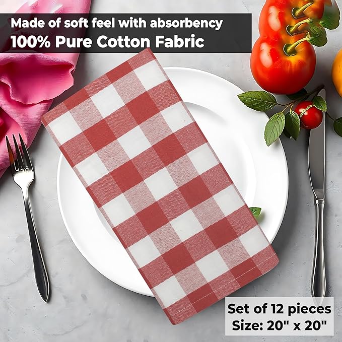Urban Villa Cloth Napkins 100% Cotton Dinner Napkins Highly Absorbent 20x20 Inches (Set of 12) Rust Buffalo Checks Reusable Washable Soft Durable Premium Napkins Ideal for Home Wedding Parties