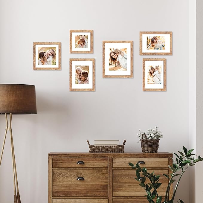 iRahmen 8x12 Picture Frame Set of 4 with High Definition Real Glass, Display 6x8 Pictures with Mat or 8 x 12 Without Mat, Rustic Brown Wood Photo Frames for Tabletop and Wall Mounting