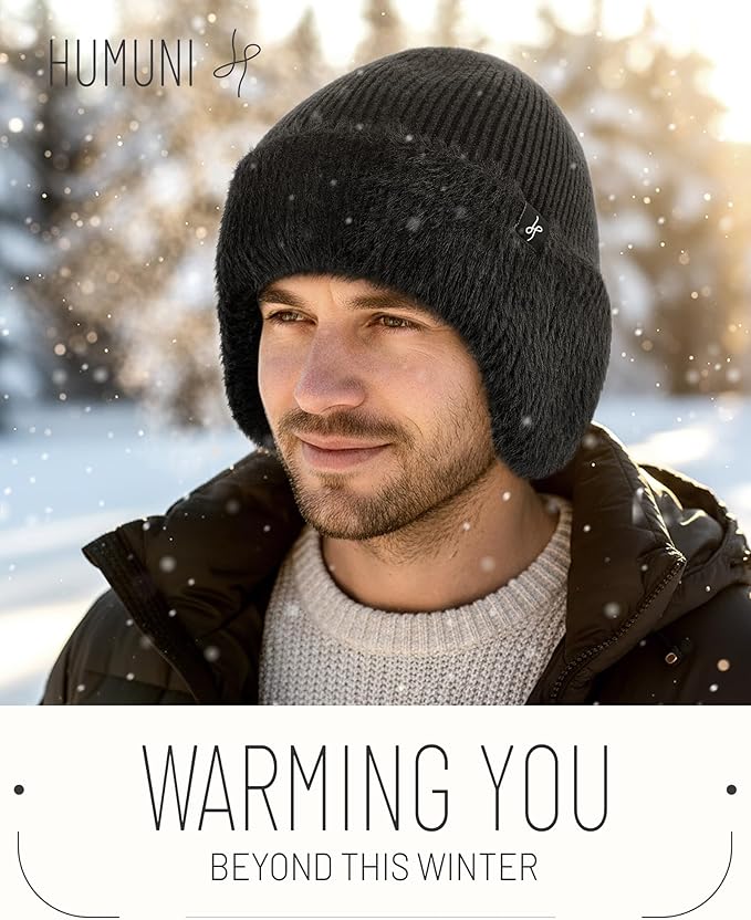 Winter Fleece-Lined Beanie with Earflaps, Warm Windproof Unisex Beanie Hat for Skiing, Hiking & Outdoor Winter Sports