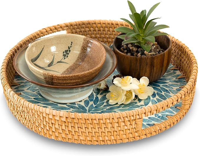 KOLWOVEN Round Rattan Tray with Handle, Rattan Serving Tray with Mother of Pearl Inlay Wooden Base, Decorative Wicker Basket for Table Decor (Blue Flower)