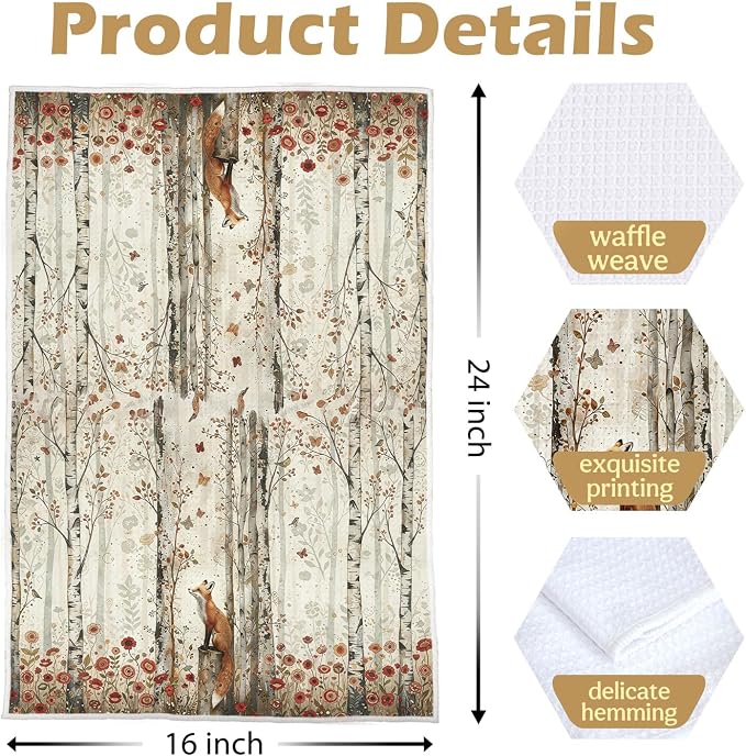 Forest Animal Kitchen Towels - Farmhouse Woodland Animals Decorative Waffle Dish Towels, Rustic Deer Fox Hand Towel, Camper Nursery Tea Towel for Kitchen Decor, 16x24 Inch Set of 2