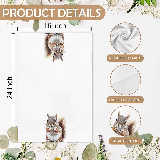 Funny Fall Squirrel Kitchen Towels and Dishcloths Sets of 2, Squirrel Decor Gifts, Woodsy Rustic Cabin Lodge Forest Nursery Home Decor Dish Hand Tea Towels for Bathroom Kitchen, 16x24 Inches