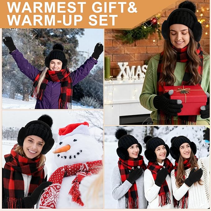 Geyoga 6 Pcs Winter Hat Scarf Gloves Set Knitted Touchscreen Gloves Plaid Scarf Earmuffs Socks Gift for Women Men