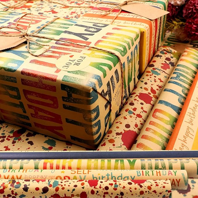 MAMUNU Birthday Wrapping Paper, 8 Sheets Brown Kraft Recycled Gift Wrapping Paper, Colorful Happy Birthday Gift Wrapping Paper Set with Stickers and Tags for Kids Women Men Birthday All Occasions, 20×28 Inch