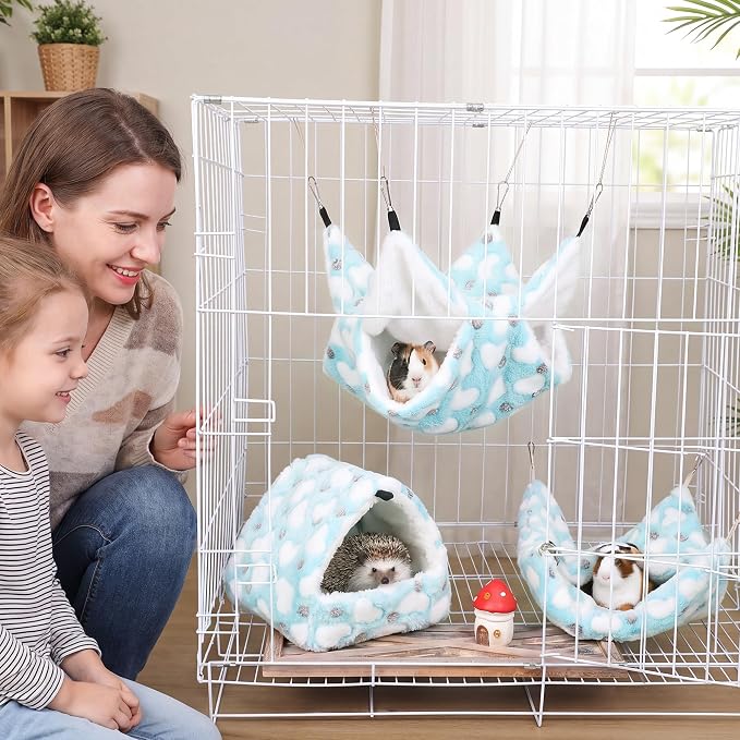 MCEAST 4 Pieces Small Pets Cage Accessories Hanging Hammock Sleeping Bag Tunnel and Bed Hideout Set Warm Sleep Nap Sack Bed for Hamster Ferret Squirrel Rabbit, Light Blue Hearts