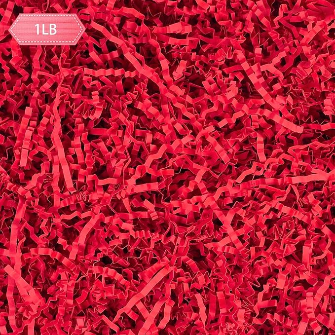 1LB Red Crinkle Cut Paper Shred Filler, Gift Box Stuffing Decorative Shredded Crinkle Paper, Holiday Shred Filler for Christmas Gift Bags Baskets and Packaging