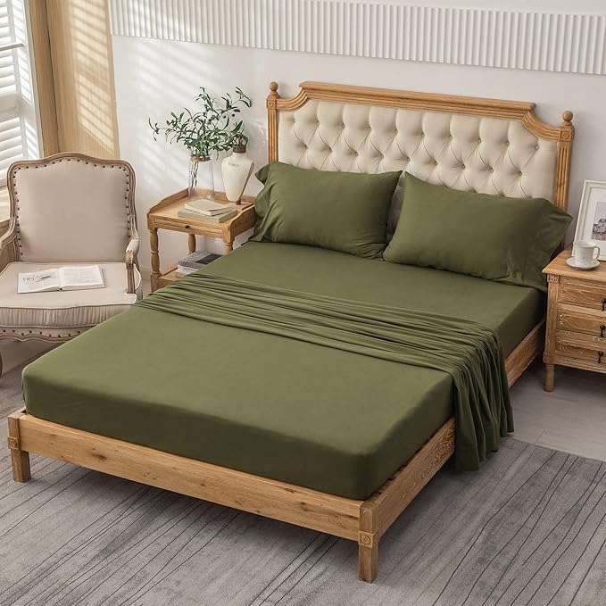 PURE ERA Jersey Knit 4pc Bed Sheet Set 100% T-Shirt Cotton Super Soft Comfy Breathable Fits Mattress Up to 20" Extra Deep Pocket (Solid Olive Green, Full)