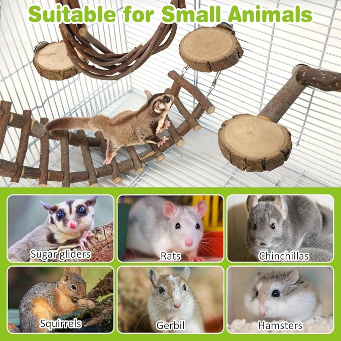 BNOSDM 6PCS Chinchilla Cage Accessories, Natural Wood Sugar Glider Climbing Bridge & Perch Platforms, Rat Enrichment Toys Set for Small Animals Squirrel, Gerbil, Hamster