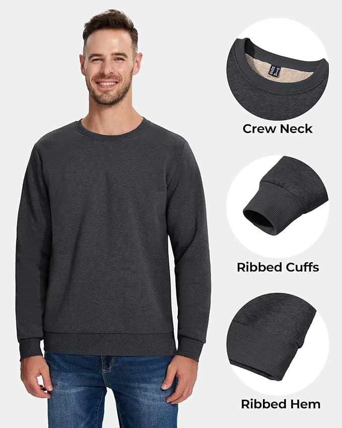 Boladeci Men's Full Sherpa Lined Crewneck Sweatshirts Heavy-weight Fleece Pullover Thick Thermal Long Sleeve Cotton