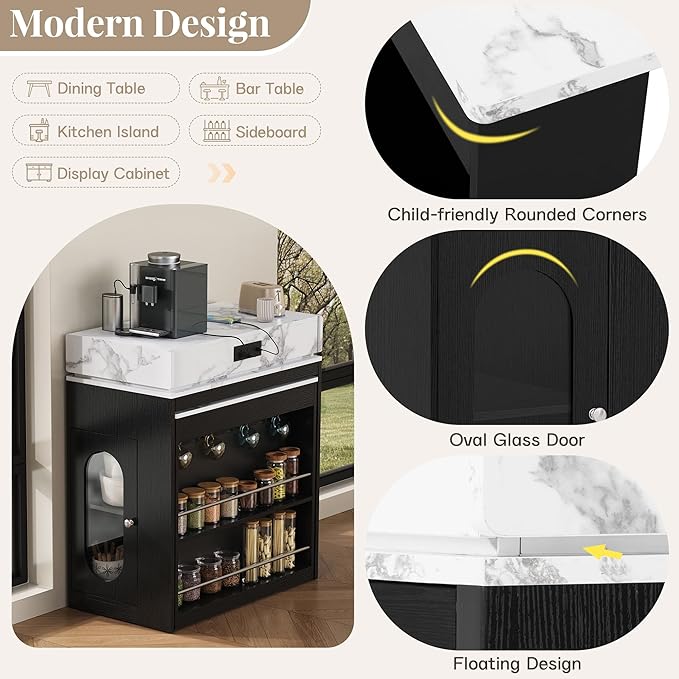 Amposei Kitchen Island with Extendable Dining Table & Power Outlet, 58’’ Breakfast Bar Coffee Station Sideboard Glass Door Storage Cabinet with Drawers, Black & White Marble