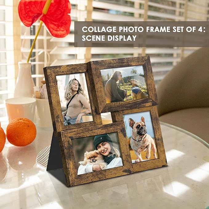 3.5x5 Picture Frame Tempered Glass Front Displays Four 3.5 x 5 Photos Frame Display for Tabletop and Wall Hanging Picture Frame Brown