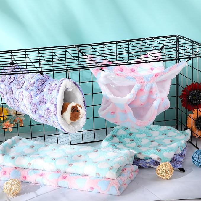 Sweetude 6 Pcs Rat Hammock Set Ferret Hanging Tunnel 3 Tier Guinea Pig Hammocks Hideout Soft Chinchilla Bed for Cage Accessories Hide,Play and Sleep(Lovely,Heart)