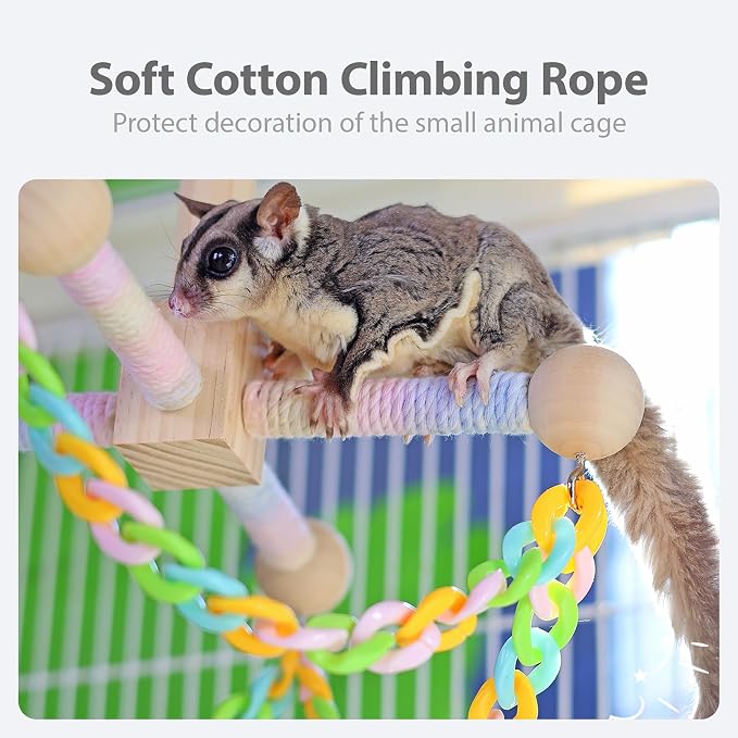 Sugar Glider Climbing Toys Haning Swing Sugar Glider Cage Accessories | Natural Wood Climbing Toys Sugar Glider Accessories Rat Enrichment Toys for Small Animals Rat and Birds(Swing Style)