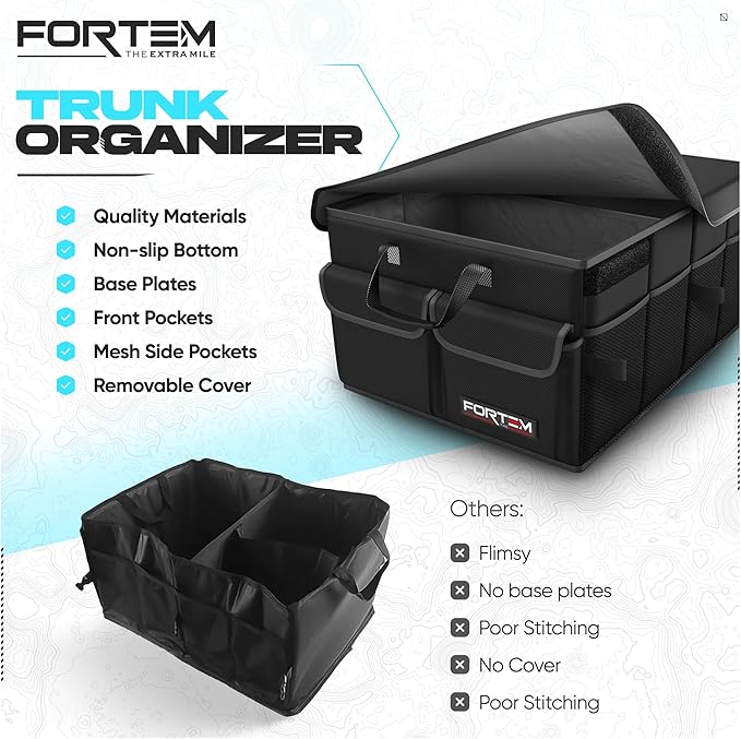 FORTEM Trunk Organizer For SUV Car Trunk Organizer, Foldable Storage, Car Accessories for Women Men, Collapsible Bag, Perfect Christmas Gifts, 600D Oxford, Non Slip Bottom, Straps, Soft Cover (45L)