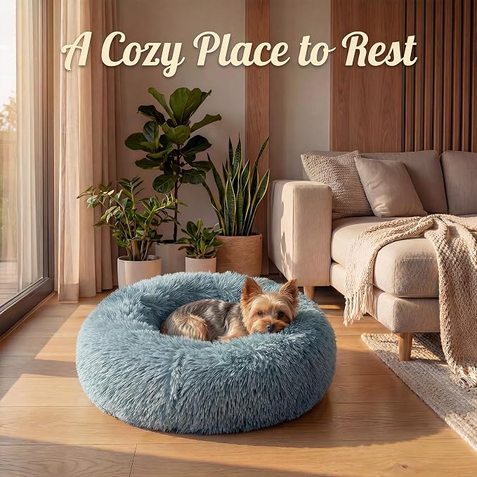 Calming Donut Small Dog Bed for Chihuahua Yorkie Maltese Shih Tzu | 19 Inch Washable Puppy Bed,Ultra Soft Faux Fur Round Dog Bed,Blue