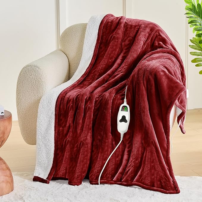 greenoak Heated Blanket Electric Full 72"X84", Heating Blanket with 10 Levels 1/2/4/6/8 Hours Auto-Off, Flannel Sherpa Soft Warm Heater Christmas Blanket,Red
