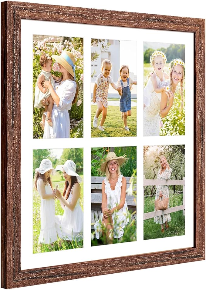 13x13 Collage frame with 6 Openings 4X6 Pictures, Multiple Picture Frame with Mat, Wall or Tabletop Decor, Carbonized Brown Wood Grain,2 Pack
