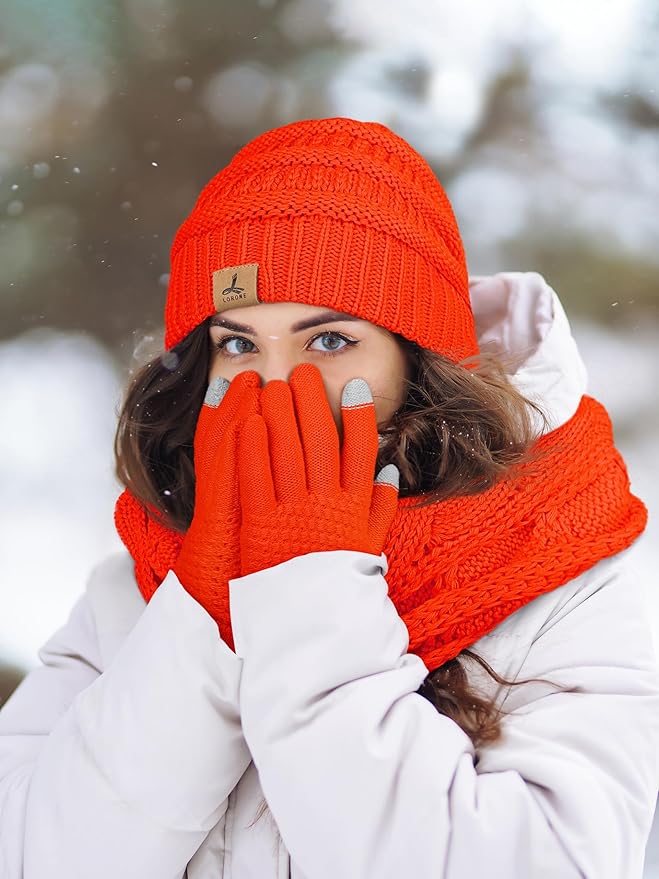 Winter Beanie Hat Scarf Gloves, Warm Fleece Knit Hats Touch Screen Gloves Neck Scarf Set Winter Gifts for Unisex Adult