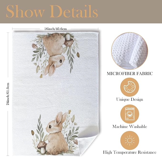 Bunny Gifts Kitchen Towels, Gifts for Bunny Lovers Women Dish Tea Towels for Kitchen, Cute Rabbit Mushroom Botanical Decorative Hand Towel for Kids Bathroom Decor, 16x24 Inch