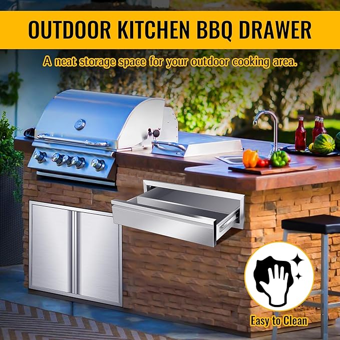 Outdoor Kitchen Drawers Stainless Steel 30W X 6.5H X 23D Inch, Flush Mount Single BBQ Island Drawers with Hidden Handle for Outdoor Kitchens, Patio or Grill Station