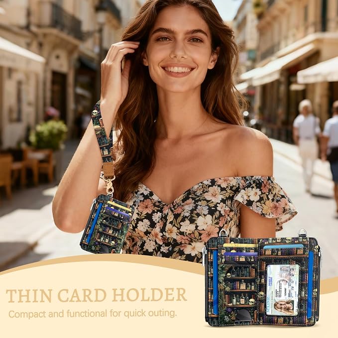 Kelvoris Credit Card Holder Small Wallet Women, Slim RFID, Bookshelf Goth | Keychain, Zipper Coin Pocket, Front Pocket Thin Travel Card Case, Minimalist, 6 Card Slots, 1 ID Window, Ladies Gifts Woman