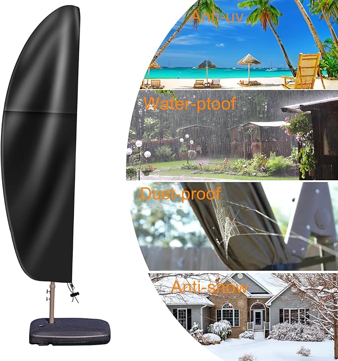 Patio Cantilever Umbrella Covers for Outdoor: Waterproof Offset Umbrella Cover Banana Style with Zipper fits 9FT to 14FT, Black