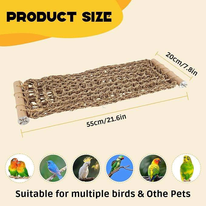 FlidRunest Extra-Large 21.6x7.8IN Conure Ladder Perch for Cage, Bird Seagrass Ladder Bridge Exercise Stands, Natural Hand-Woven Parrot Net Climbing Chewing Hammock, Cage Accessories for Conure Budgie