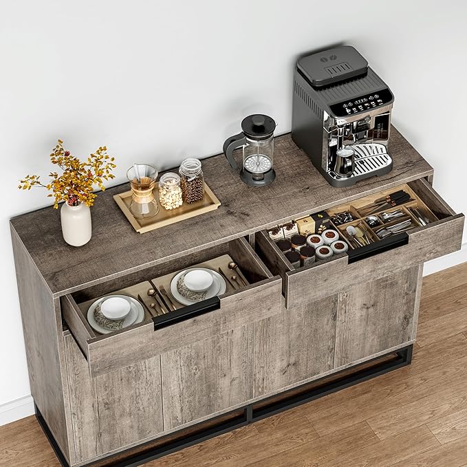 Garvee Kitchen Buffet Cabinet 55 Inch Large Modern Sideboard with 2 Drawers and 4 Doors, Coffee Bar Buffet Table for Kitchen and Dining Room, Grey