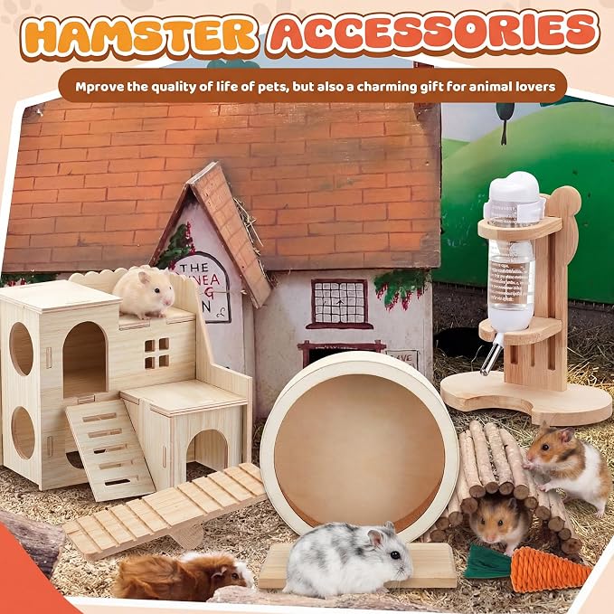 18 Pcs Hamster Cage Accessories, Silent Hamster Wheel 15 Toys Set | Maze Wood House and Water Bottle Set for Rat Mice Small Animals Habitat Decor Enrichment Starters (Harmony Wooden Style)
