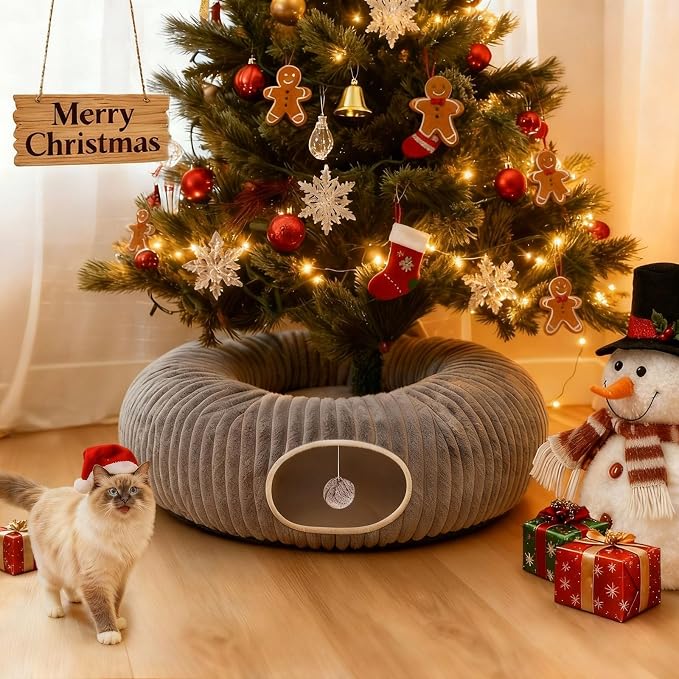 Cat Tunnel Bed for Indoor Cats, Peekaboo Cat Cave Bed, Grey | Soft Cat Donut Tunnel for Kitten Large Cats, Cat Gifts