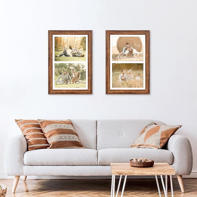 11x17 Picture Frame Display 2 opening 8X10 Double Picture Frame Collage,Multi Photo Frame with Mat,Plexiglass,Wall Mount Decor,Carbonized Brown Wood Grain