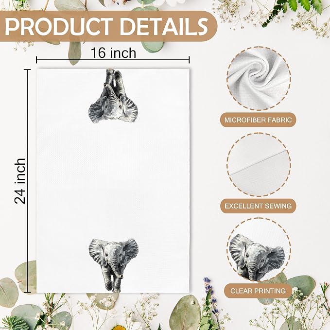 Funny Elephant Kitchen Towels and Dishcloths Sets of 2, Elephant Nursery Decor Gifts for Home,Woodsy Rustic Cabin Safari Jungle Nursery Decor Dish Hand Tea Towels for Bathroom Kitchen,16x24In